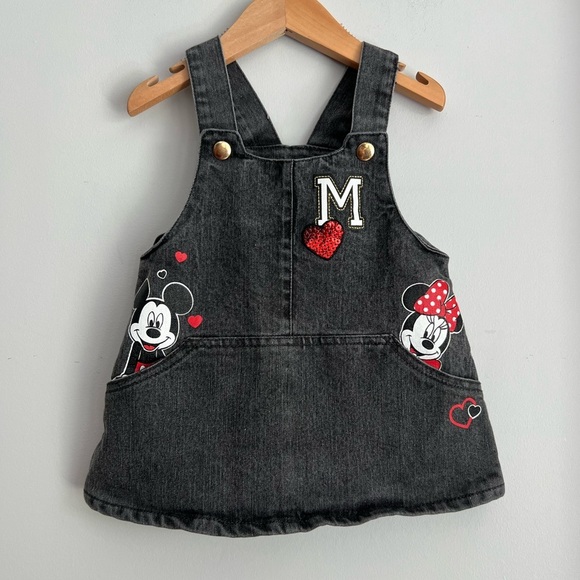 Disney Minnie & Mickey Mouse Overalls Dress Black Denim 12M Baby Girl - Picture 1 of 7